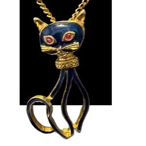 Vintage Blue Enamel Siamese Cat Silhouette Necklace 2” Chain